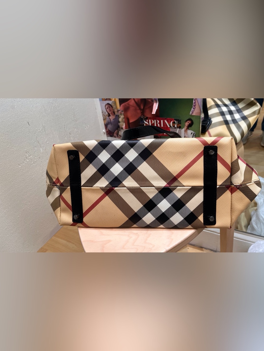 “Nickie” Plaid Tote Bag with Black Trim - Beige - Picture 8 of 13